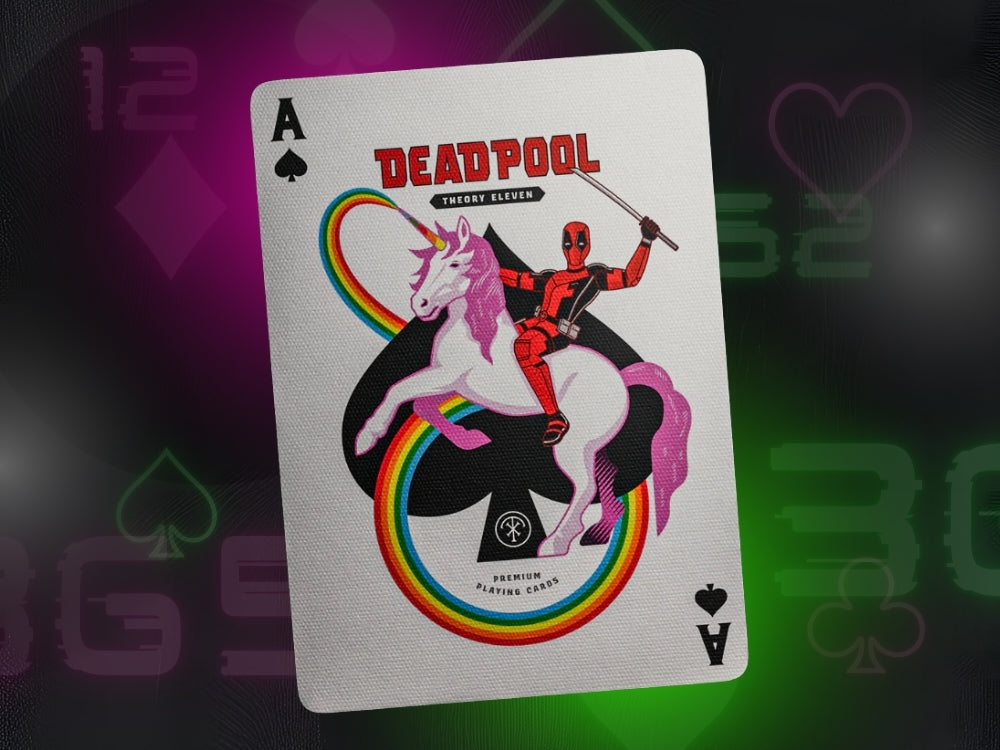 Deadpool-themed Ace of Spades playing card featuring Deadpool riding a unicorn with rainbow accents, set against a backdrop referencing hidden symbols and numbers in playing cards.