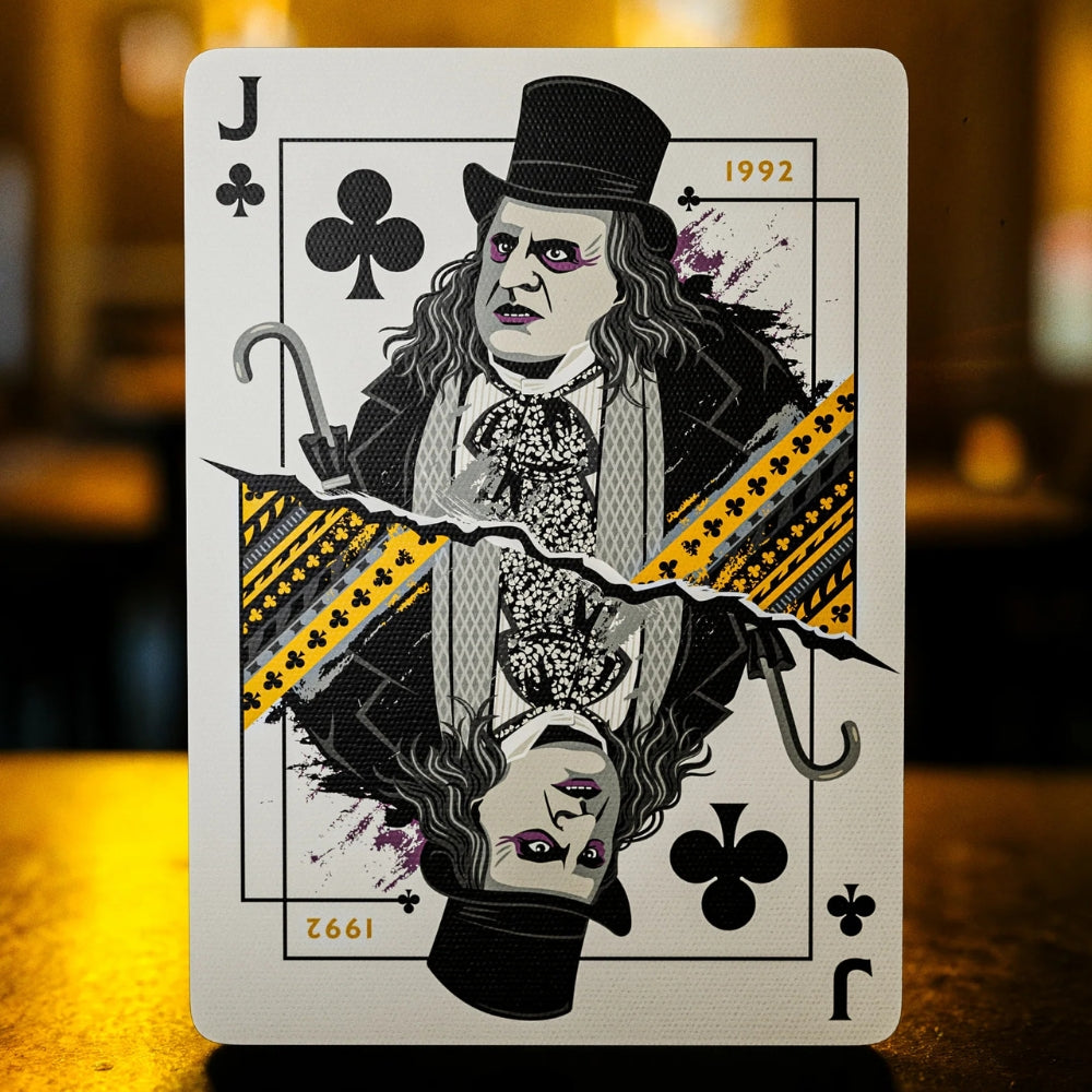 Jack of clubs playing card, taken from a set of batman playing cards. This card features an image of the penguin played by Danny DeVito