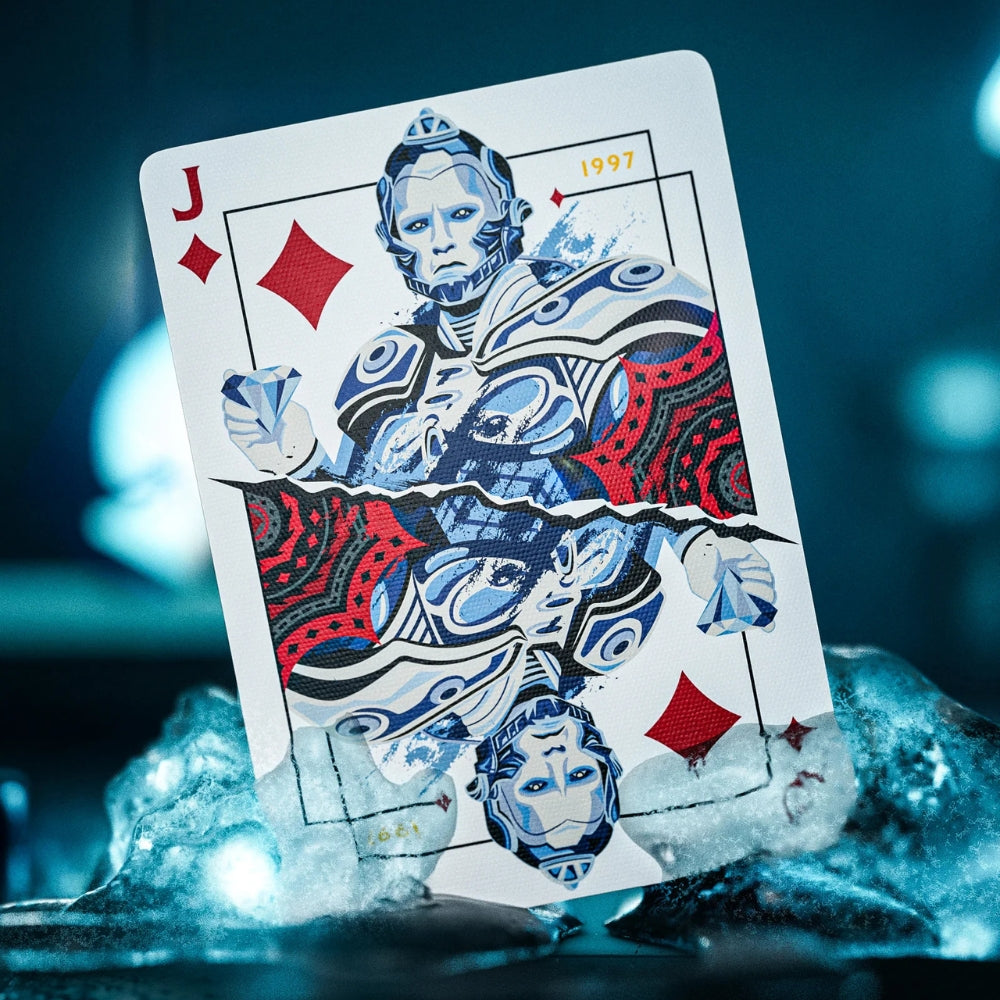 Jack of diamonds taken from a set of batman playing cards, standing up in a melting block of ice.