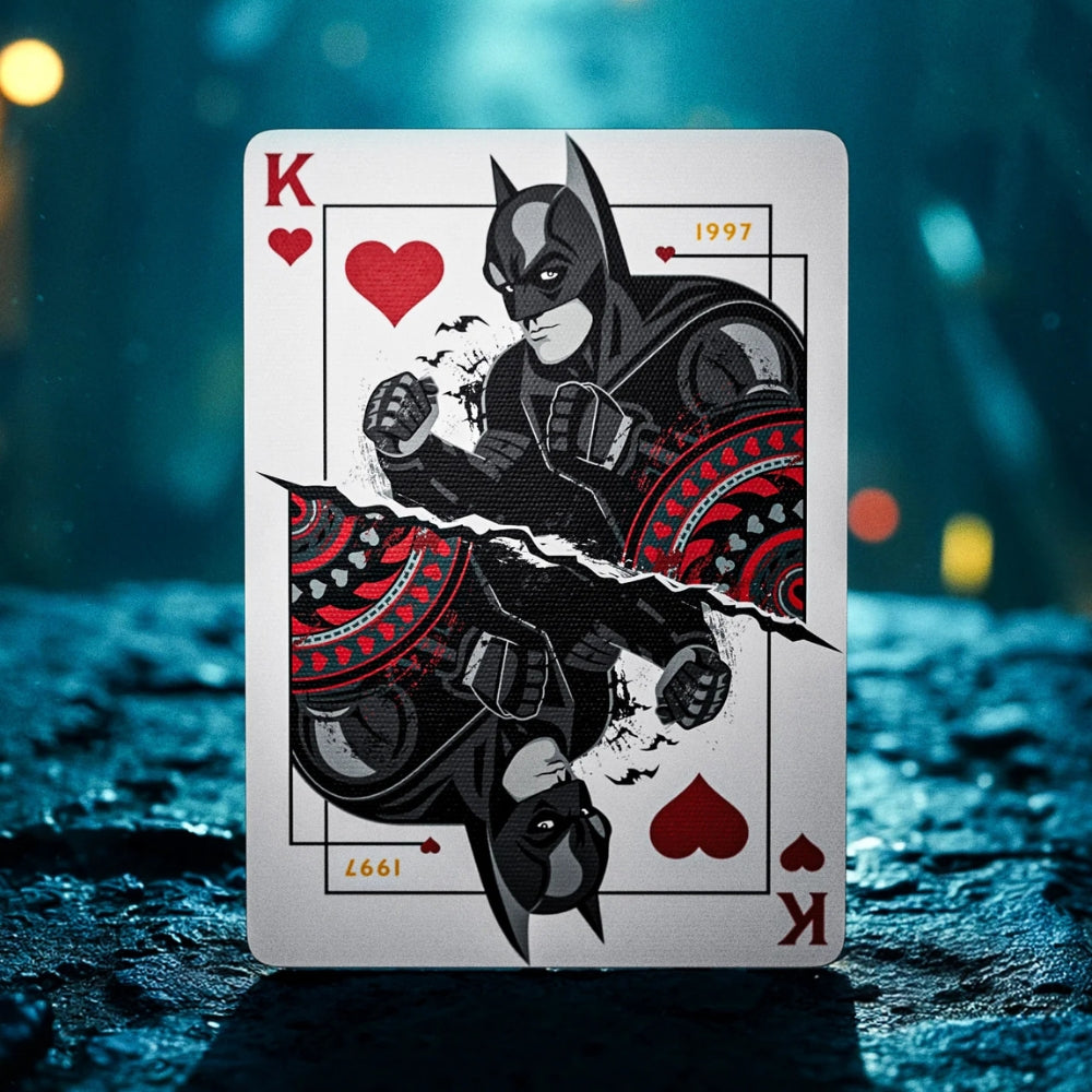 King of hearts playing card, taken from a set of batman playing cards. This card has a picture of the 1997 batman on it
