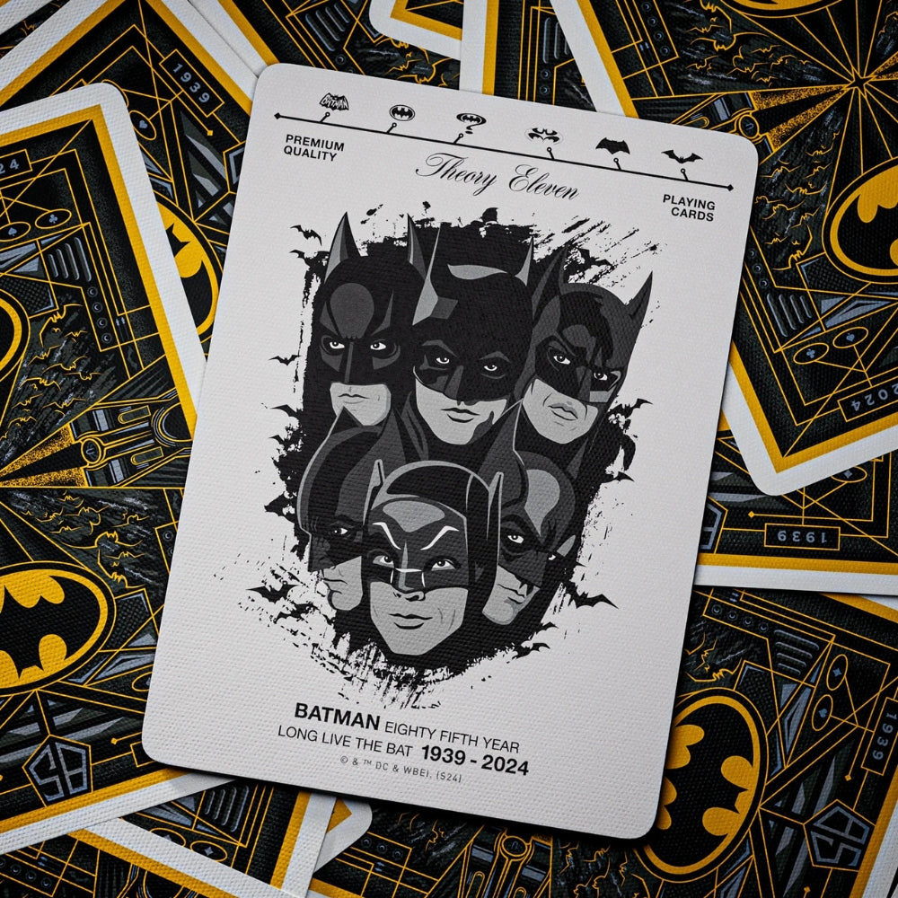 A batman card showing the timeline of each batman from 1939 - 2024. This information card is laying on top of some face down batman playing cards