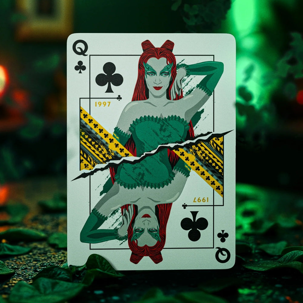 Queen of clubs, taken from a set of batman playing cards. The card features poison ivy as played by Uma Thurman in 1997