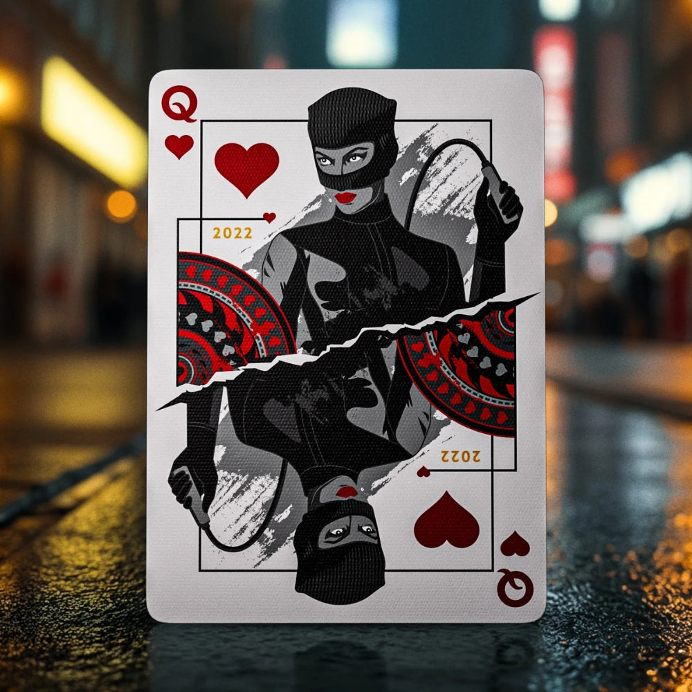 Queen of hearts card, taken from a deck of batman playing cards. Featuring a picture of Catwoman as played by Zoë Kravitz in the 2022 Batman film