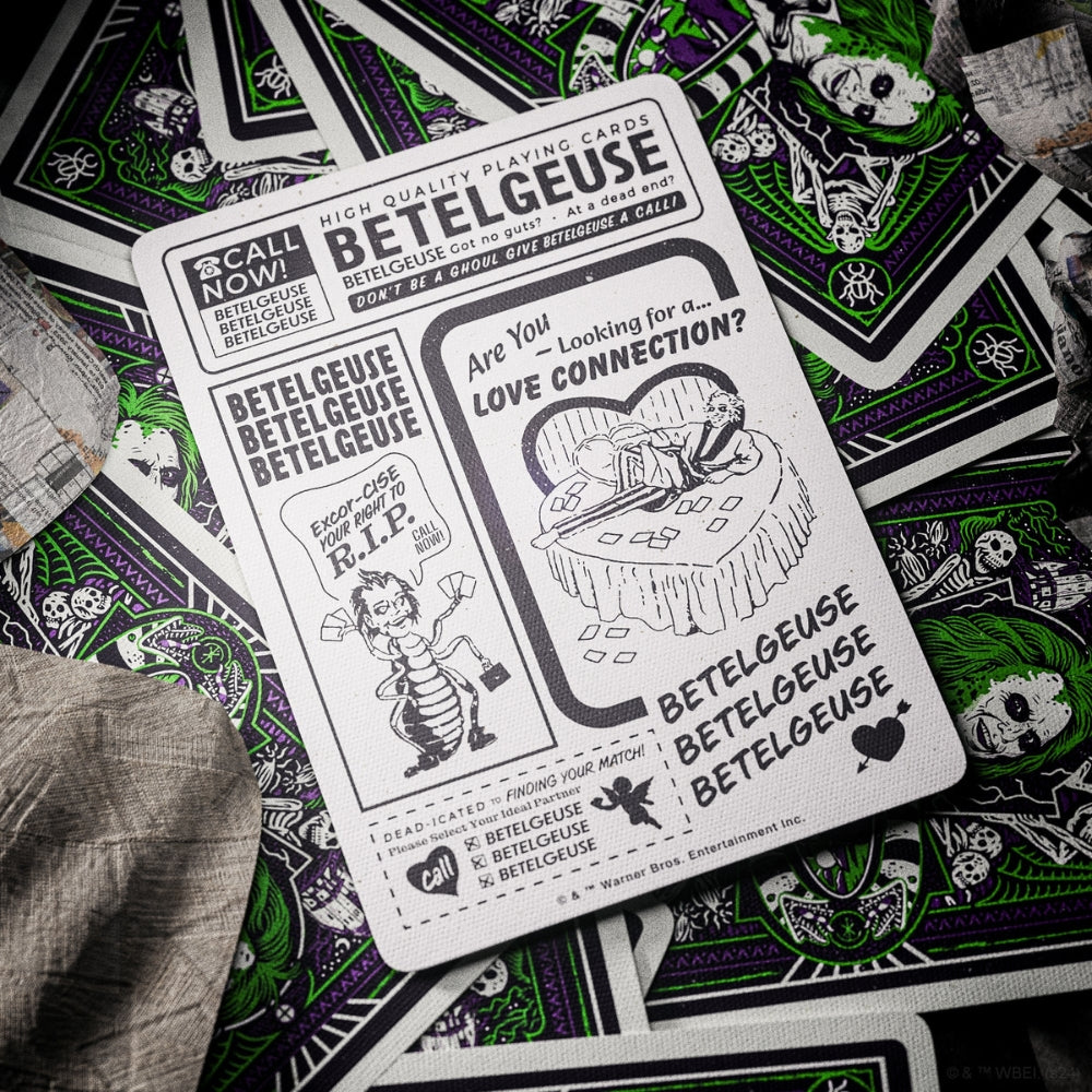 Card from inside a deck of Beetle juice cards, made to look like an advert page in a magazine, inspired by the film