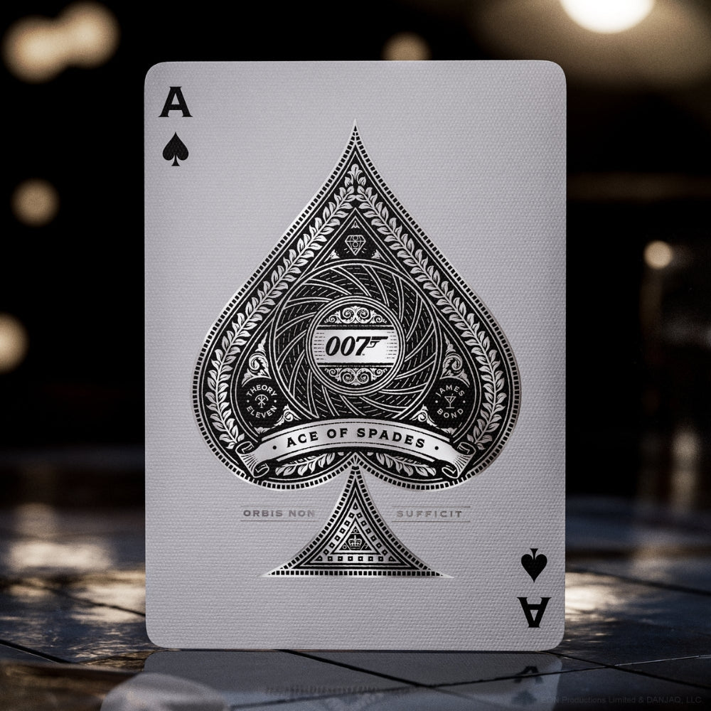 Ace of spades card, taken from a deck of james bond (007) playing cards, detailed in white and silver