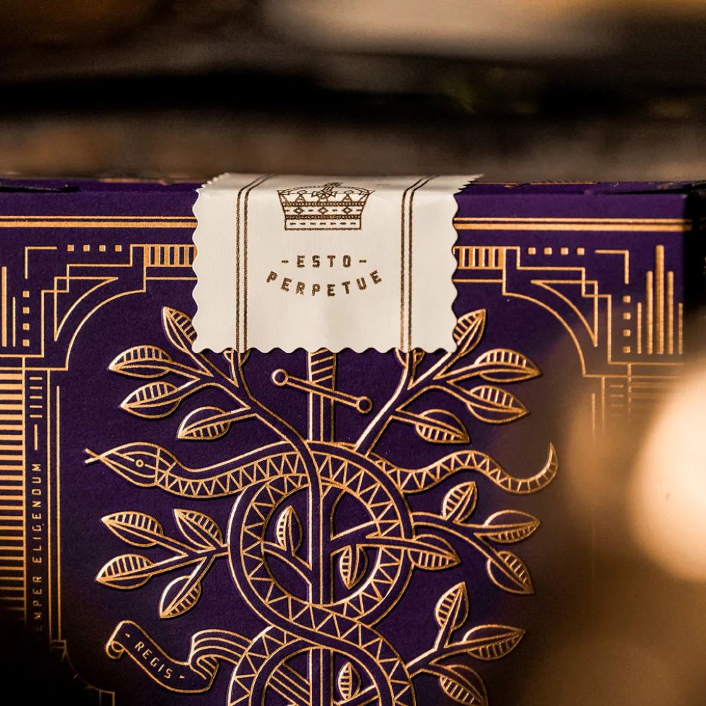 Close up of the seal on a deck of Purple monarch playing cards