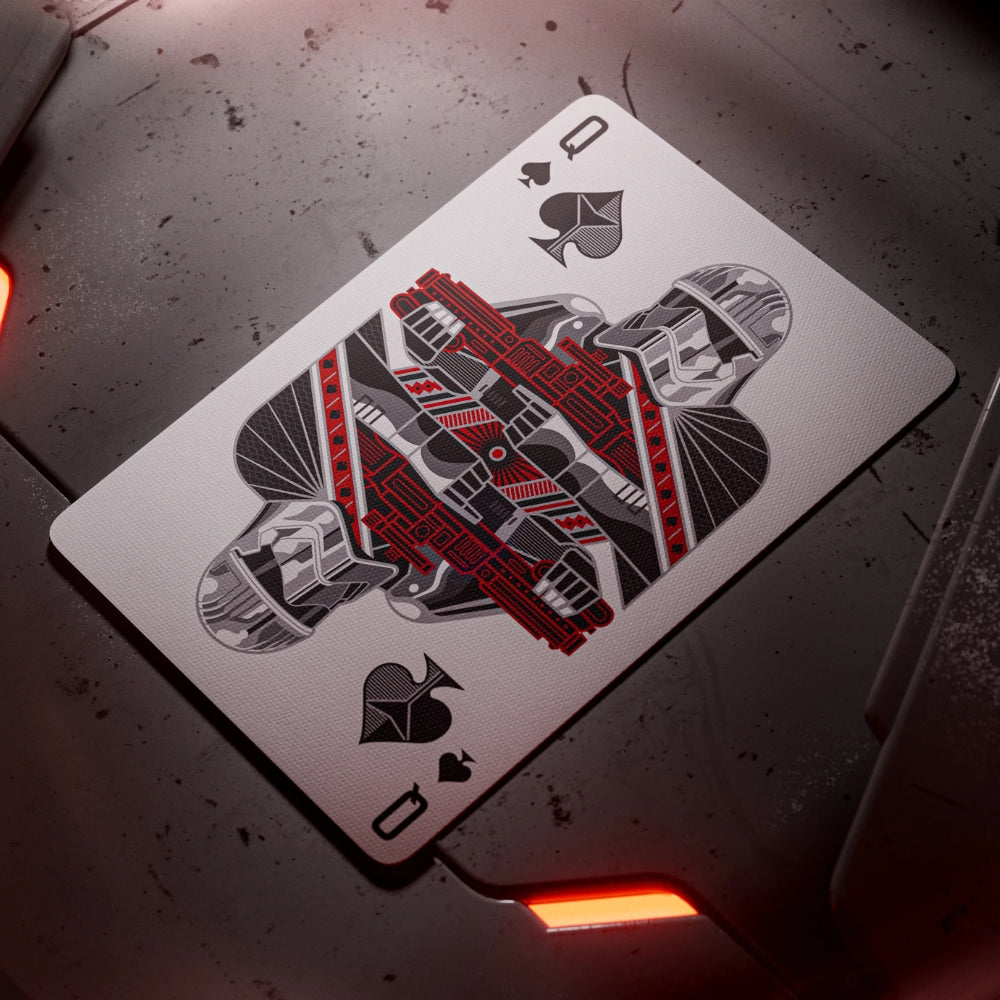 Queen of spades laying on a sci-fi metallic surface. Card from a deck of star wars playing cards