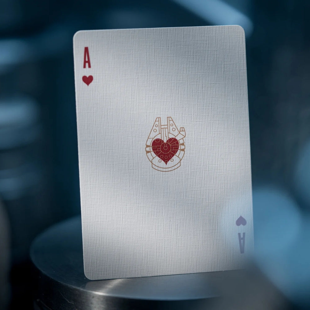 Very clean looking star wars playing card, the card is the ace of hearts and features a very small millennium falcon in the middle