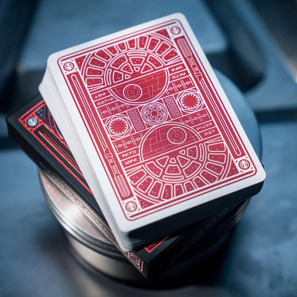 stack of star wars playing cards, all face down on top of the deck box