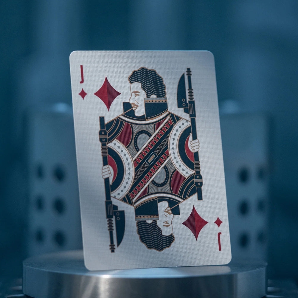 Jack of diamonds from a set of star wars playing cards, the card is standing on a shiny disc