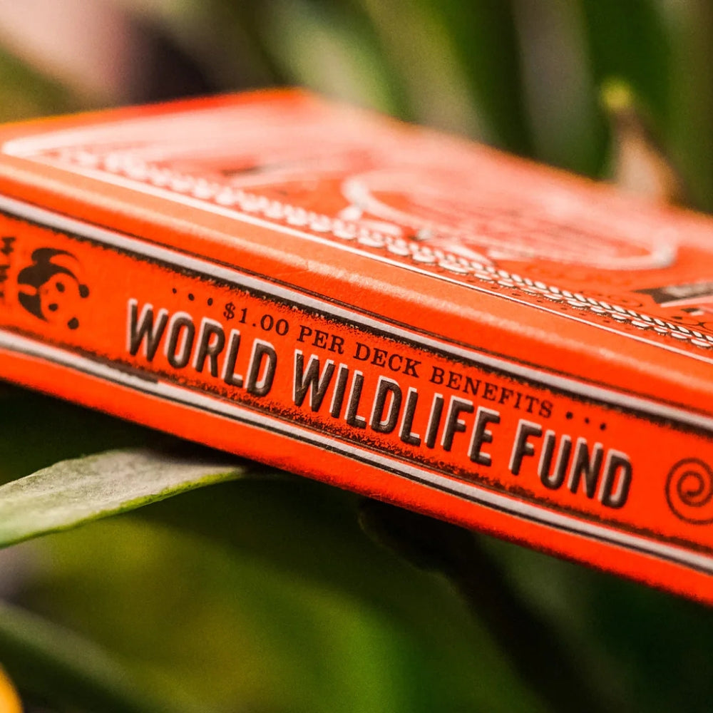 Close up of the side of a deck box for the animal kingdom playing cards. Features text - World Wildlife fund