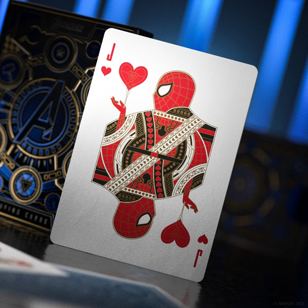 Jack of hearts playing card, standing up with a blue deck box in the background. Taken from a set of avengers playing cards and featuring Spiderman on the card