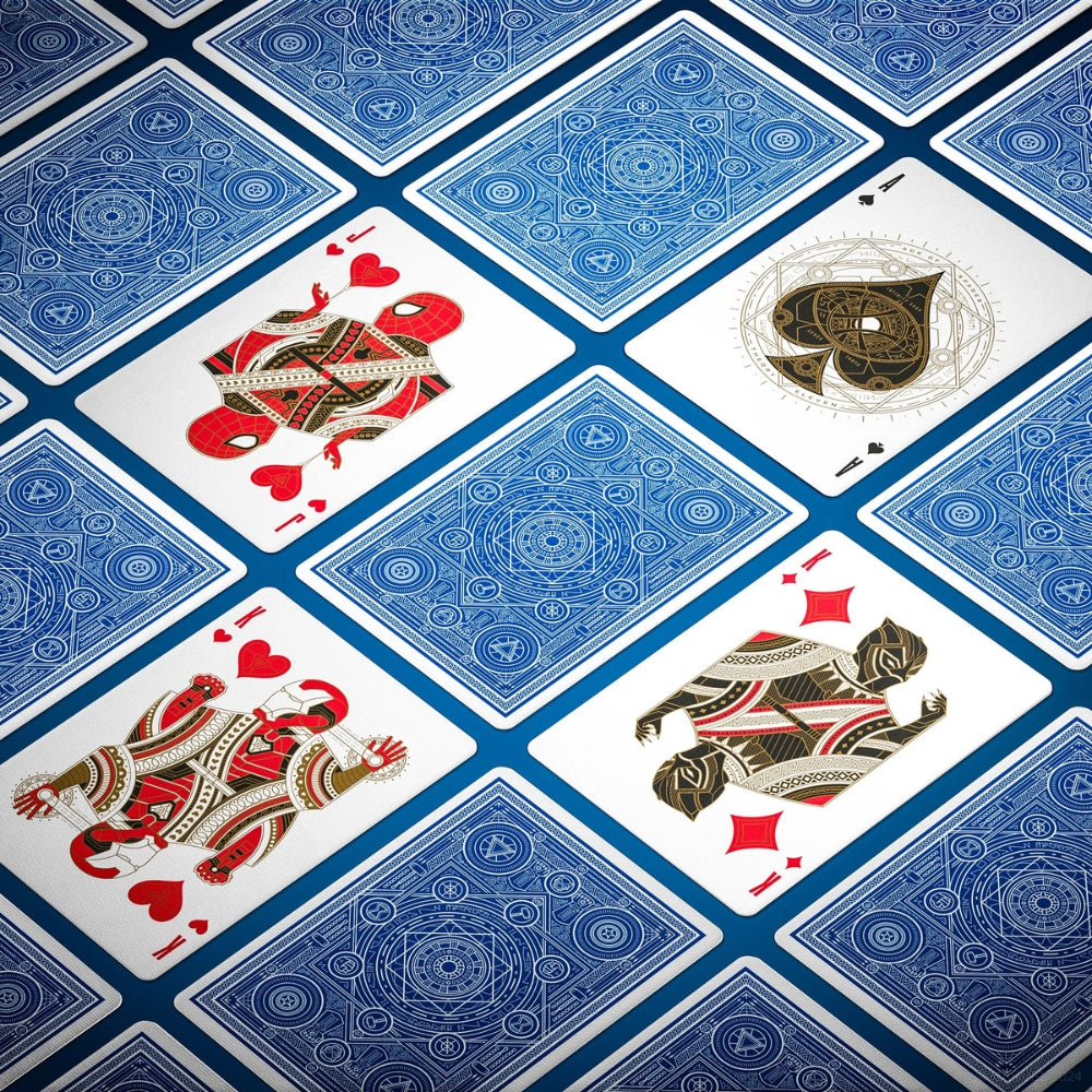 four face up playing cards taken from a deck of avengers playing cards, featuring Iron man, spiderman and black panther