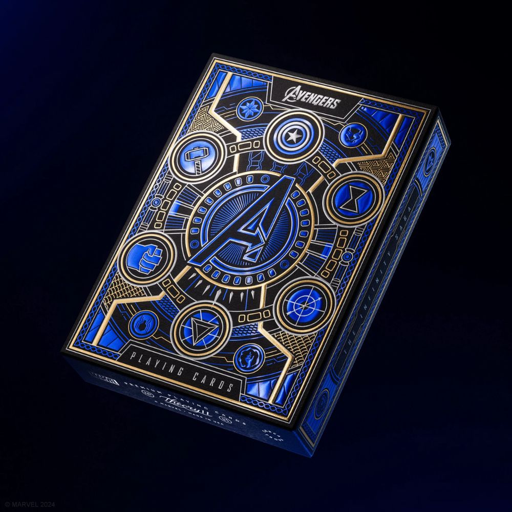 Single deck box of avengers playing cards (blue) on a out of focus backdrop