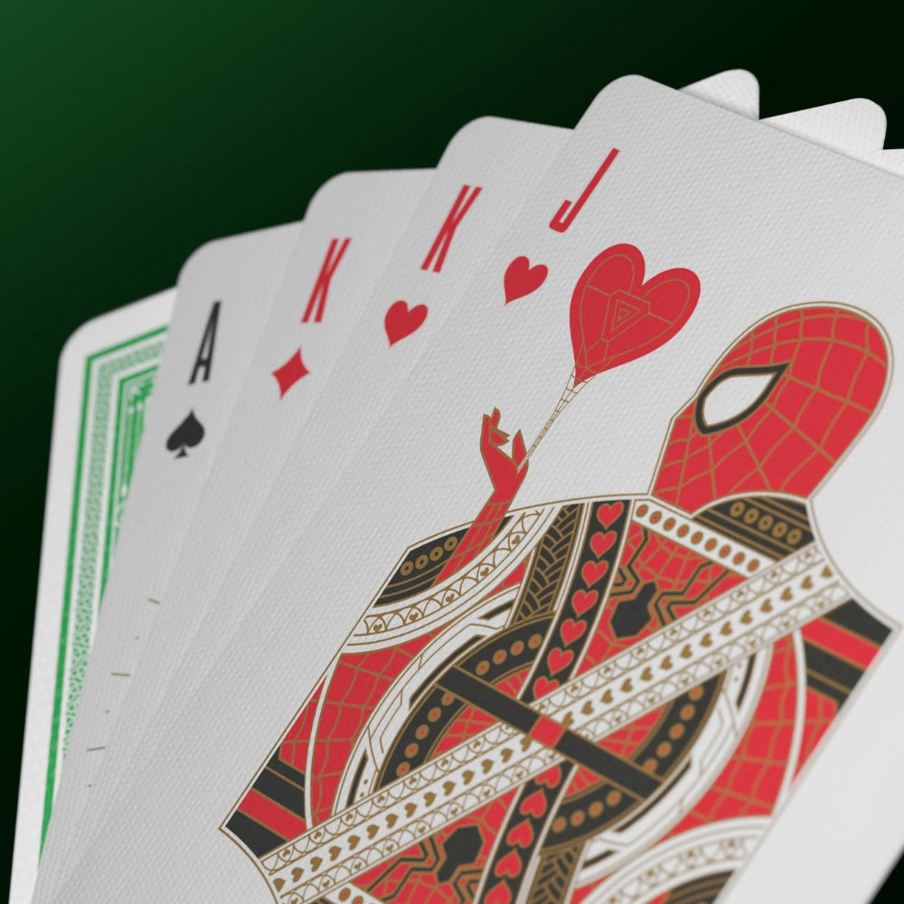 A fan of five playing cards, showing an ace and some face cards. Taken from a deck of avengers playing cards and featuring spiderman on the jack of hearts