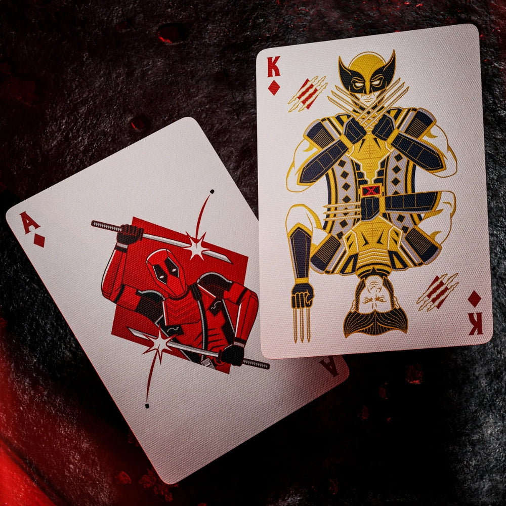 Ace and king of diamonds from a set of deadpool playing cards, featuring deadpool and wolverine.