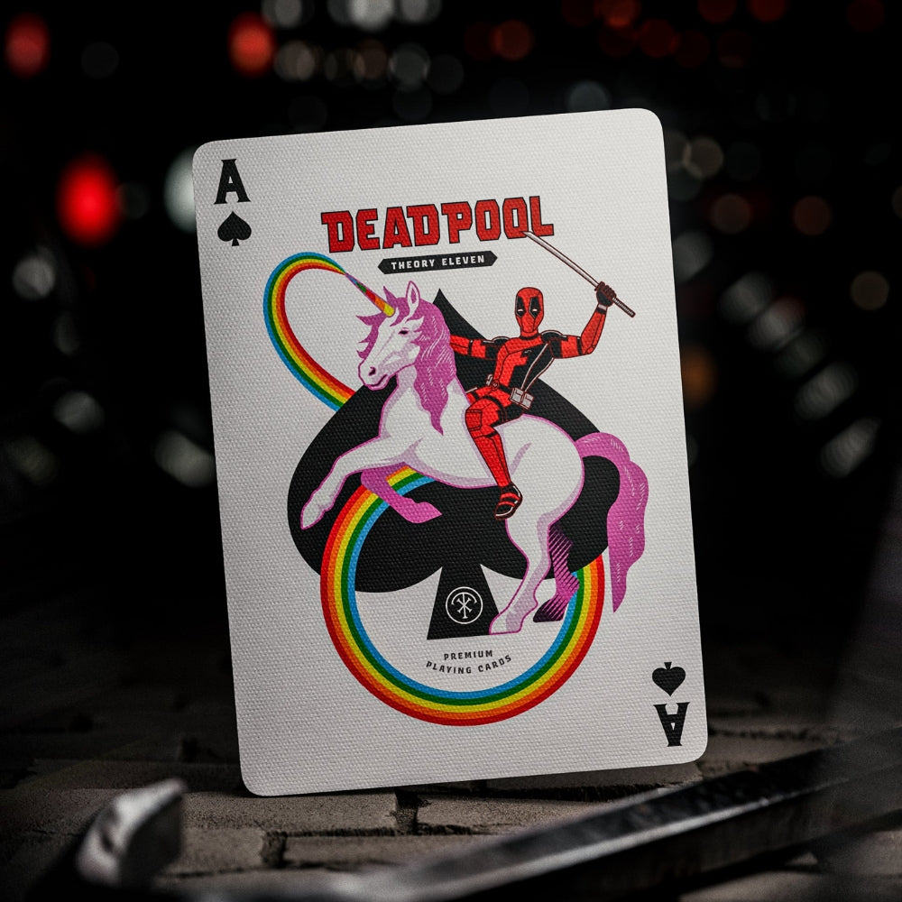 Ace of spades playing card, featuring deadpool riding a unicorn