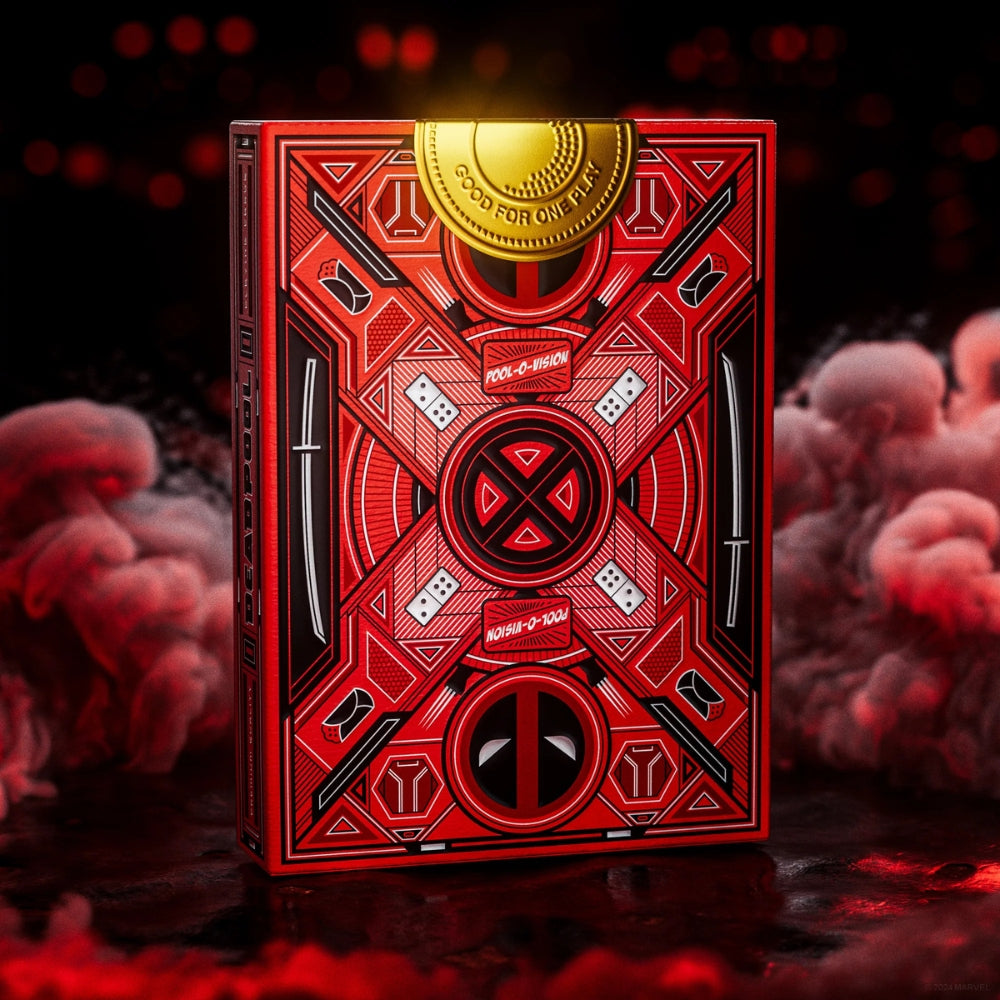 Back of deck box from a set of deadpool playing cards, with red hue smoke in the background