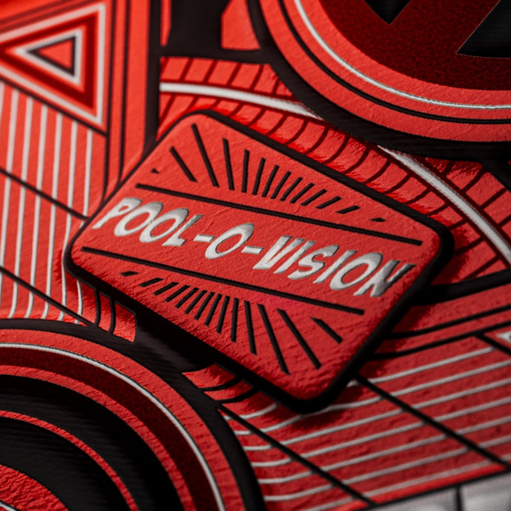 Super close up image of some detail on the deck box of a set of deadpool playing cards. Pool-o-vision!