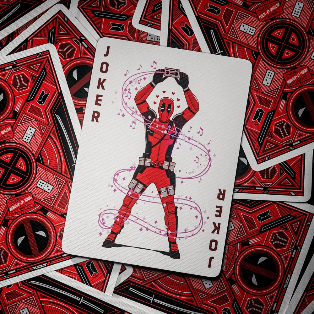 Joker from a set of deadpool playing cards, laying over a scattering of facedown cards.