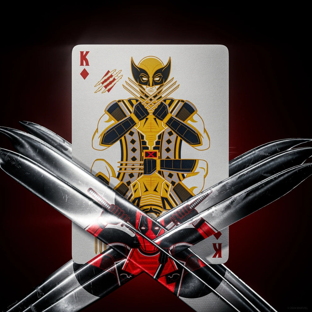 King of diamonds playing cards from a deadpool deck, with silver blades featured