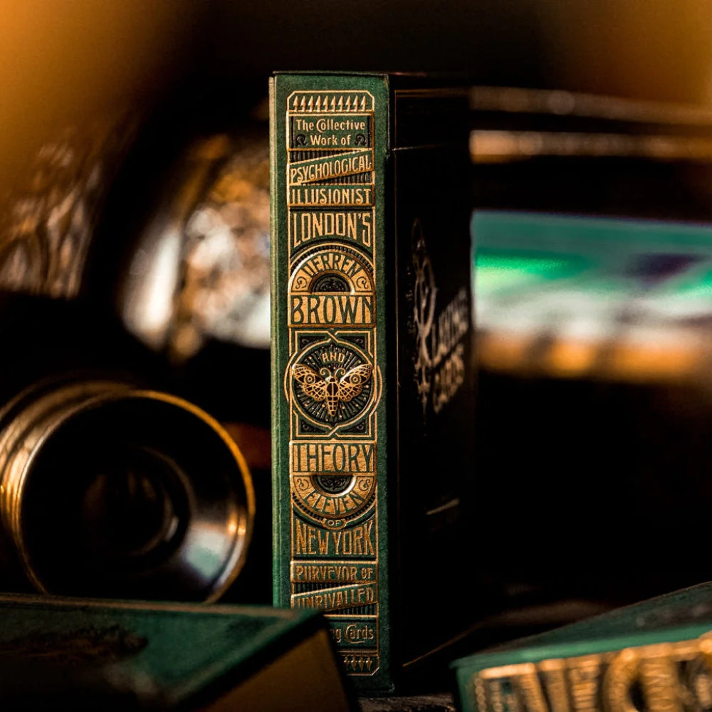 Spine of a deck box of Derren brown playing cards, styled to look like a vintage book.