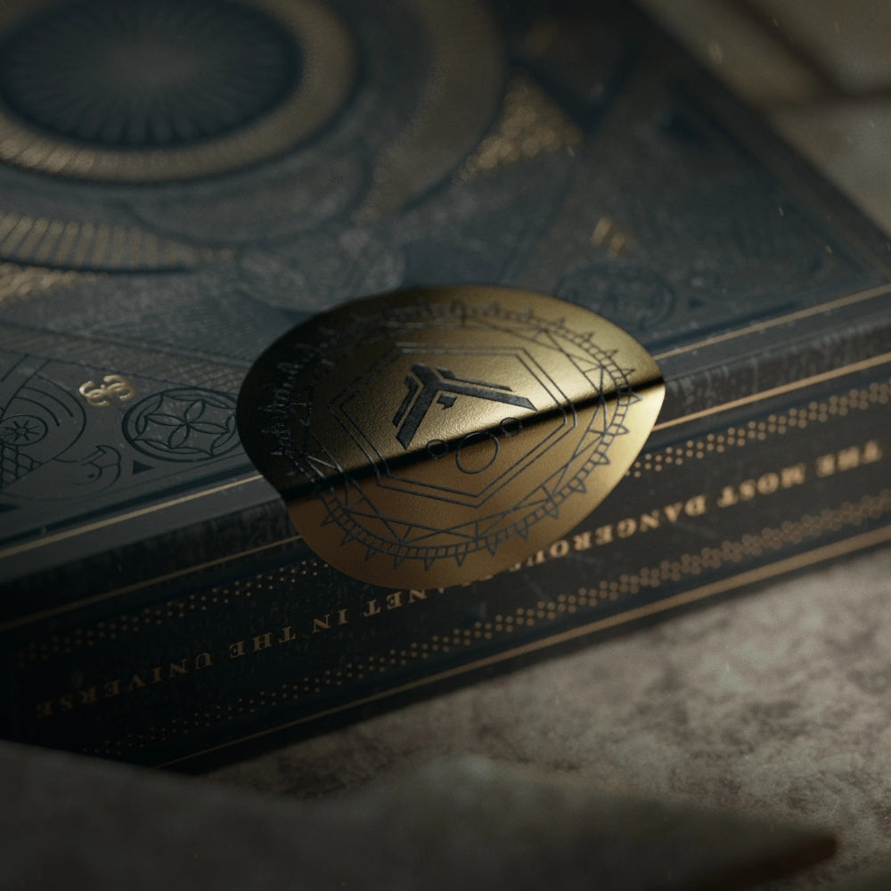 Close up of the seal on the dune playing cards deck box