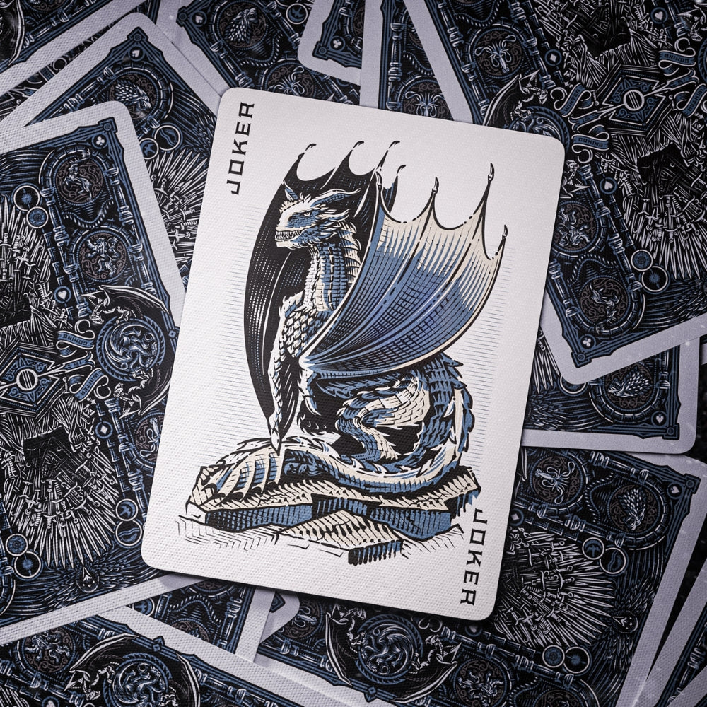 Joker card taken from a set of Game of thrones playing cards. The card features a dragon and is laying on top of a group of facedown cards
