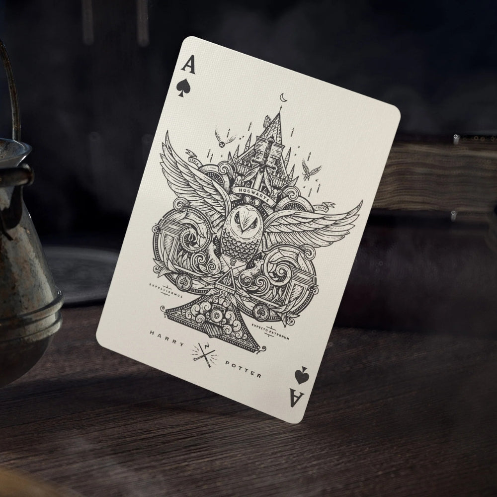 close up if the ace of spades card from a harry potter playing cards deck