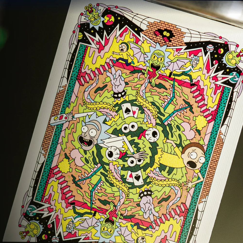 close up of the back of a rick and morty playing card