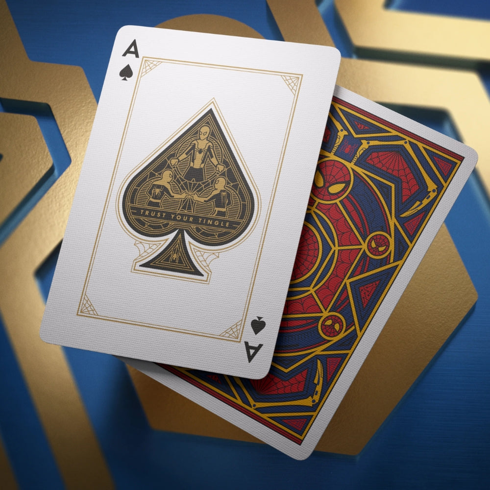 Ace of spades card from the spiderman deck of playing cards (theory11) - show all 3 spidermen standing in a triangle - trust your tingle