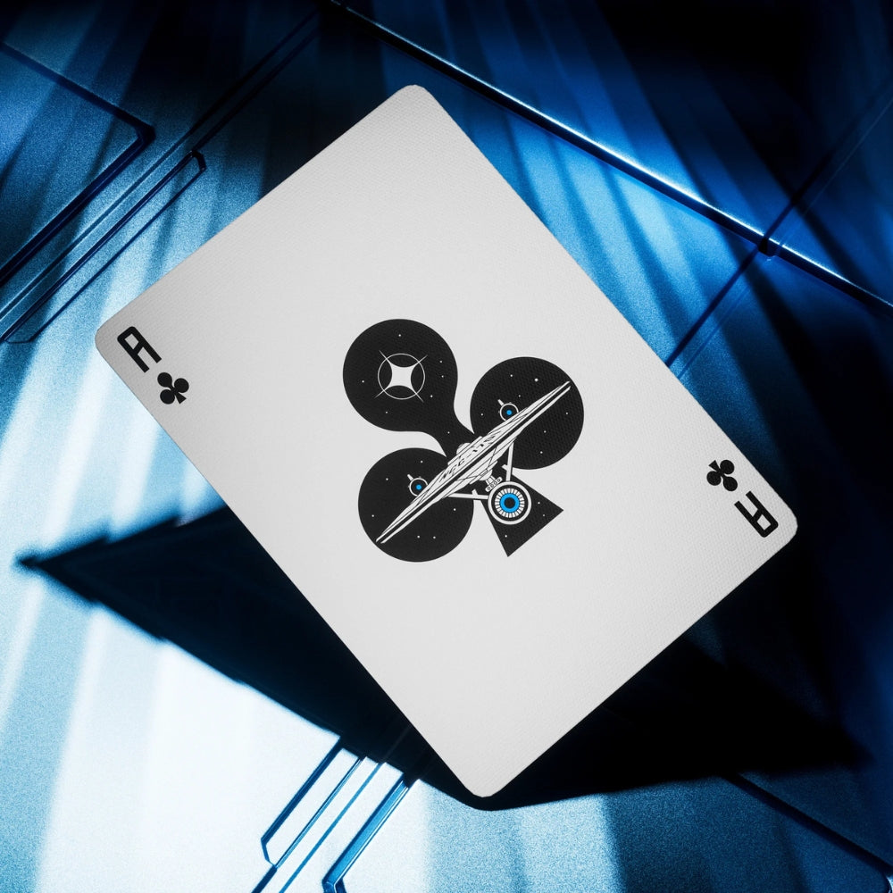 Ace of clubs card, taken from a set of star trek playing cards. The card features an image of the starship enterprise in the middle.