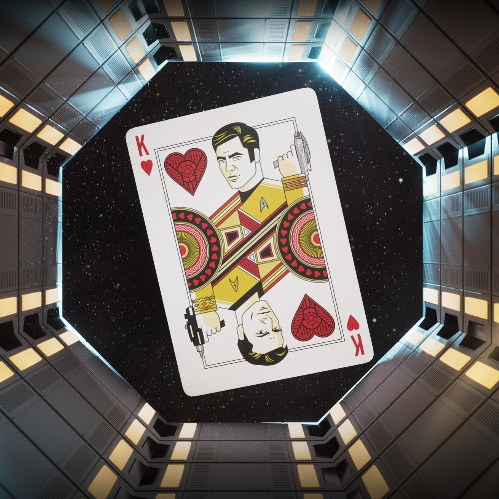 King of hearts star trek playing card, floating in a tunnel with a space scene in the background