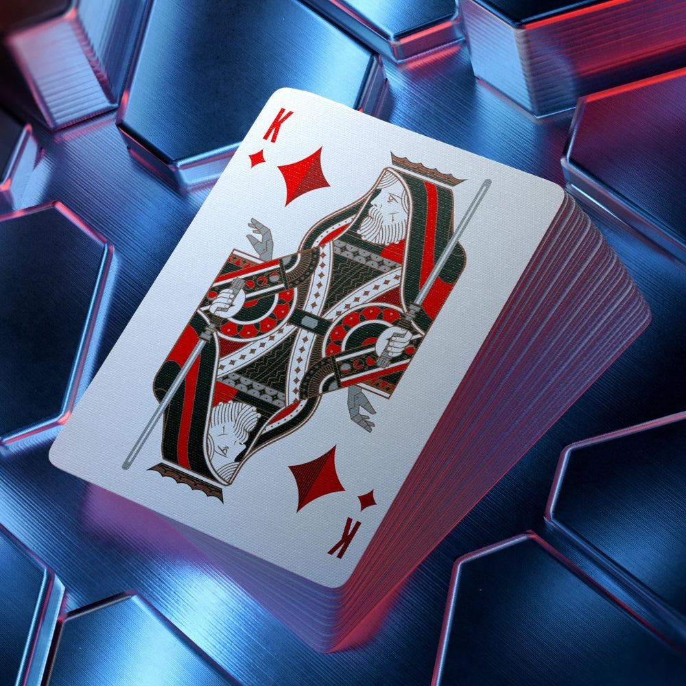 a stack of star wars playing cards, with the king of diamonds on the top, with a shiny metallic background