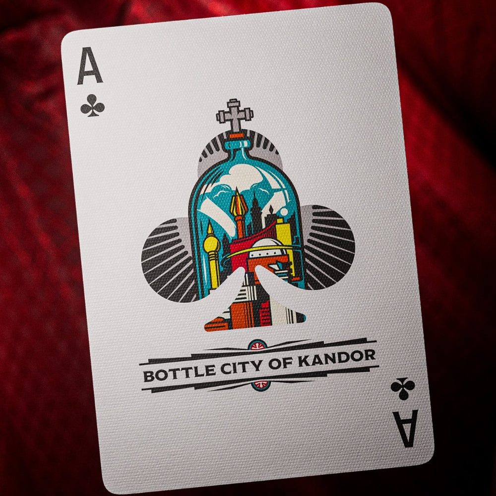 Ace of clubs playing card, taken from a set of superman playing cards. This card depicts the bottle city of kandor