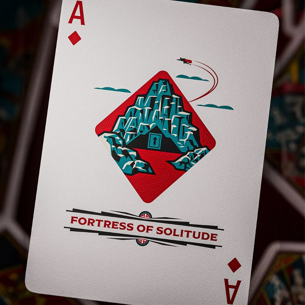 Ace of diamonds taken from a set of superman playing cards, and featuring superman flying away from his fortress of solitude