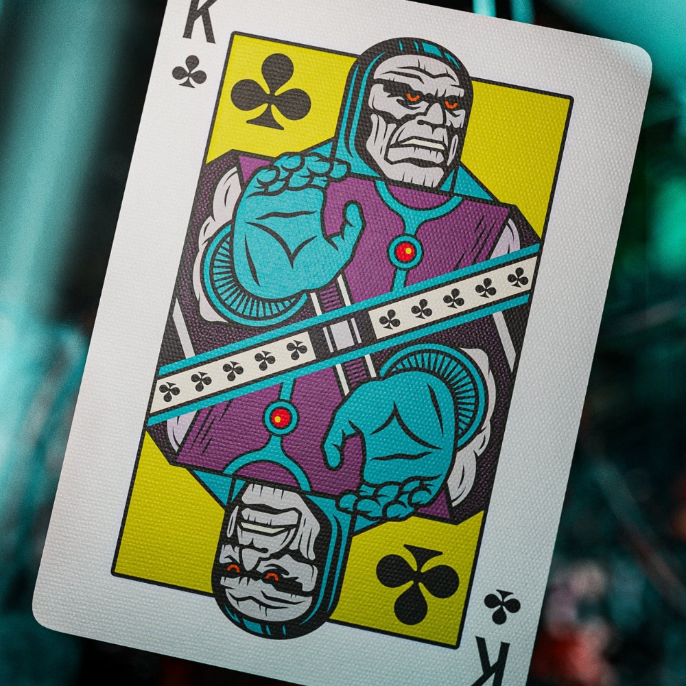 Closeup of a King of clubs card, taken from a set of superman playing cards.