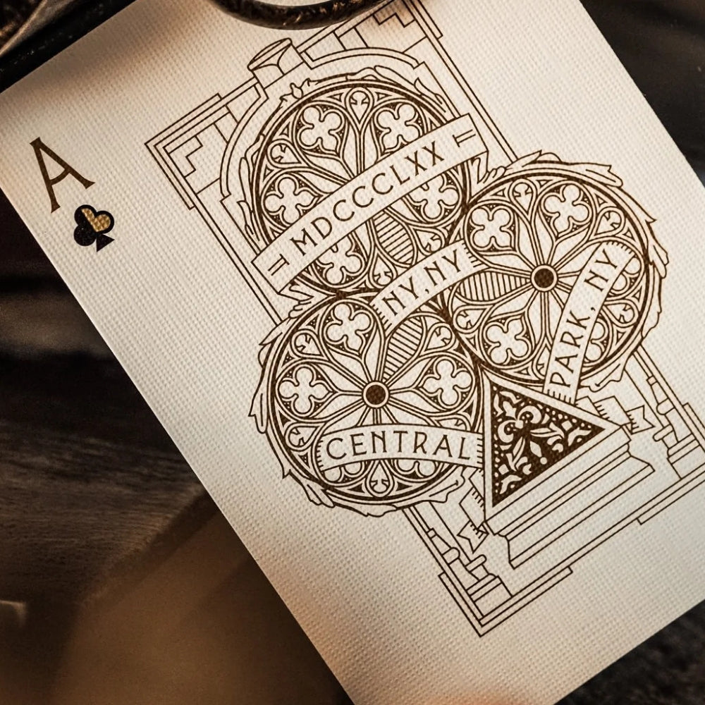 close up of the ace of clubs taken from a set of Tavern on the green playing cards