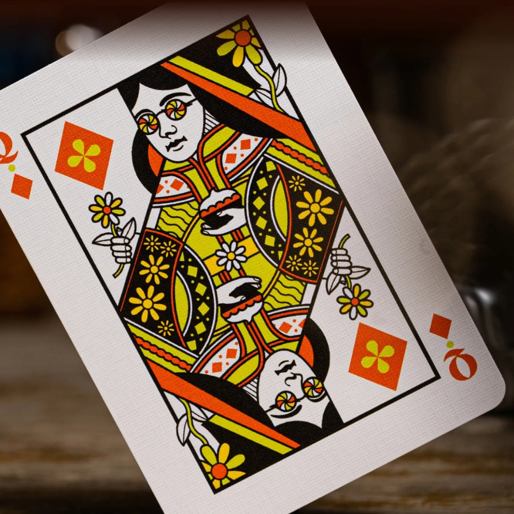 Close up of the queen of diamonds from The Beatles playing cards (Theory11)