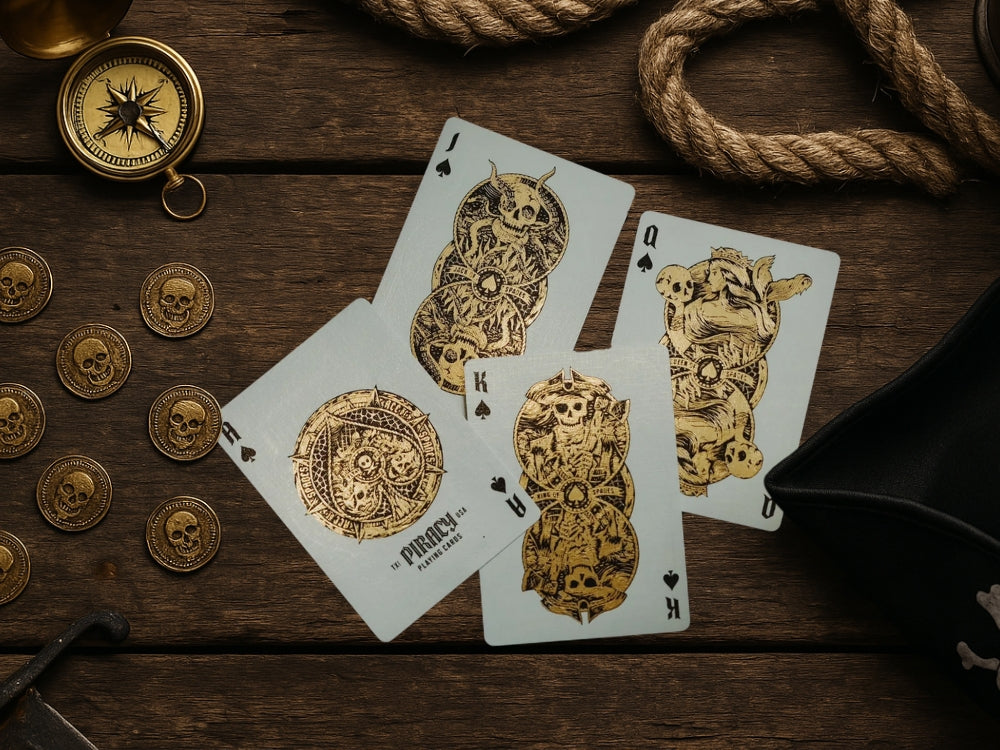 A flat lay of Piracy playing cards and gold skull coins on a wooden table, featuring spade cards with intricate designs; a moody tribute to card game folklore, including the legend of the Curse of Scotland playing card