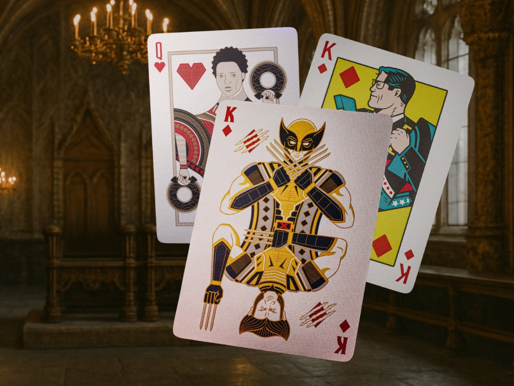 A trio of stylised court cards featuring modern pop culture designs displayed in a grand, medieval-style hall.