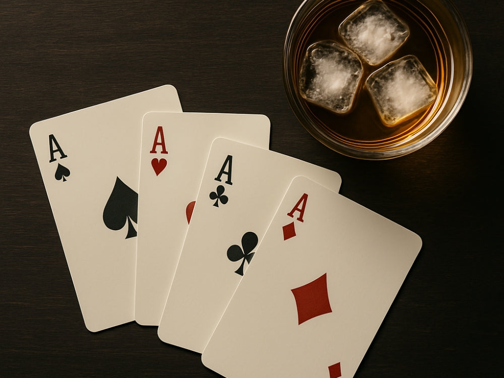 An ace card from each suit - spades, hearts, clubs, and diamonds - spread out on a dark wooden table beside a glass of whiskey with ice.