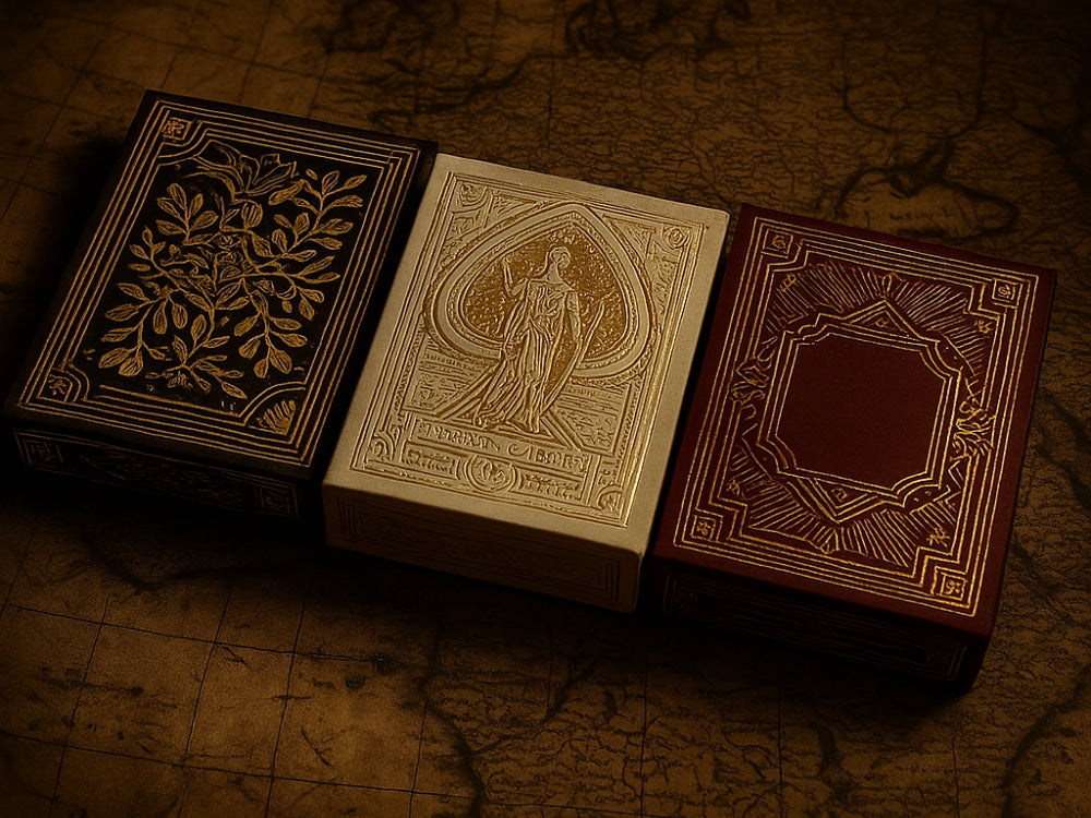 Three intricately designed premium playing card decks - black, white, and red - sit atop an old world map, symbolising the rich history of playing cards across cultures and centuries.