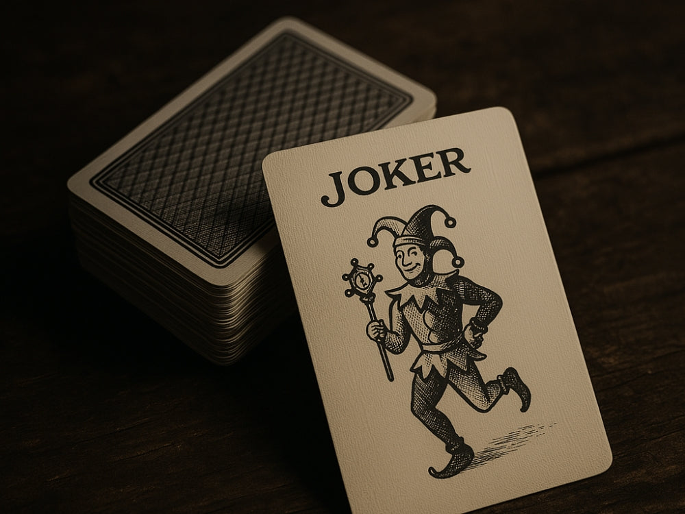 A Joker card pulled forward from a deck on a dark wooden table, lit by moody lighting.