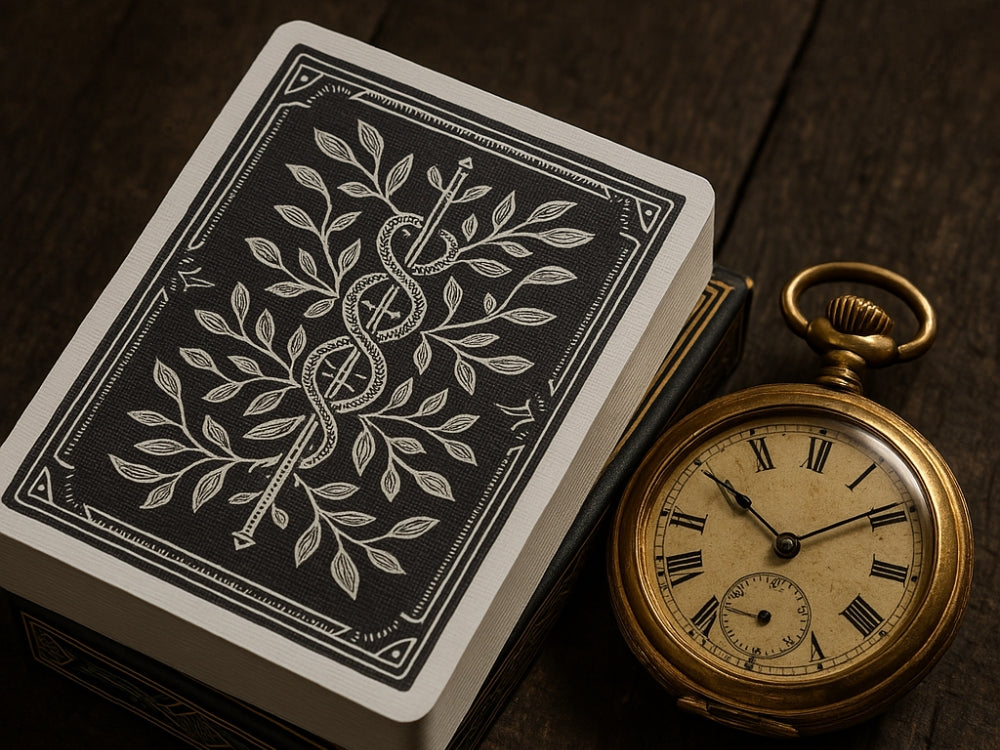 Playing cards beside an antique pocket watch, representing the timeline of playing cards through history and design.