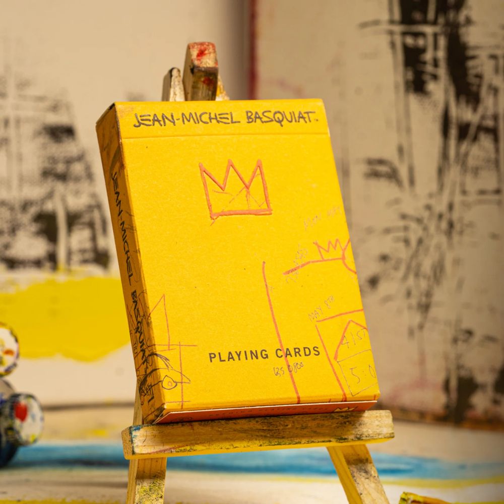 Basquiat Playing Cards, Single deck box on a small artists easel 