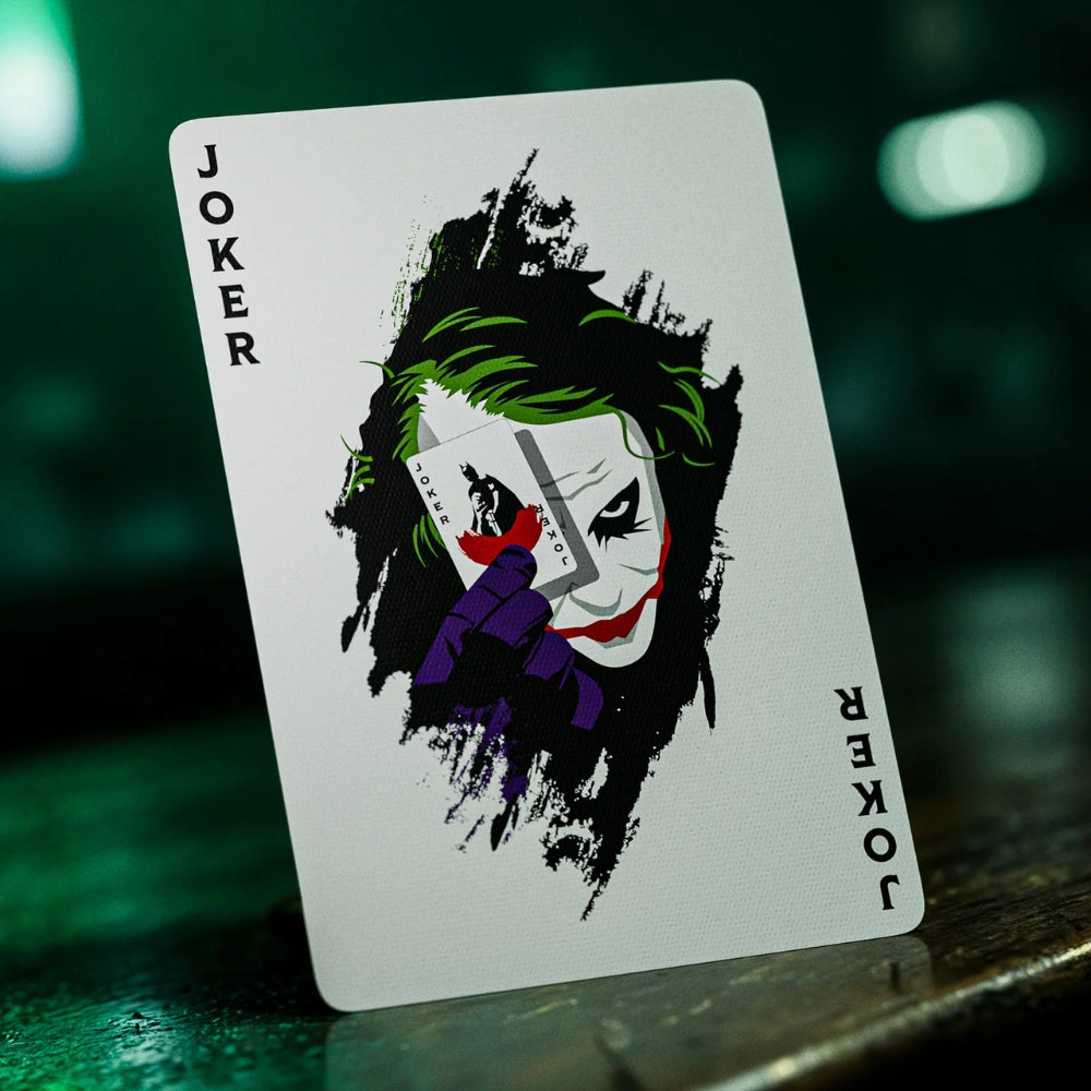 Joker card, taken from a set of batman playing cards.  The card shows heath ledgers joker holding a joker card