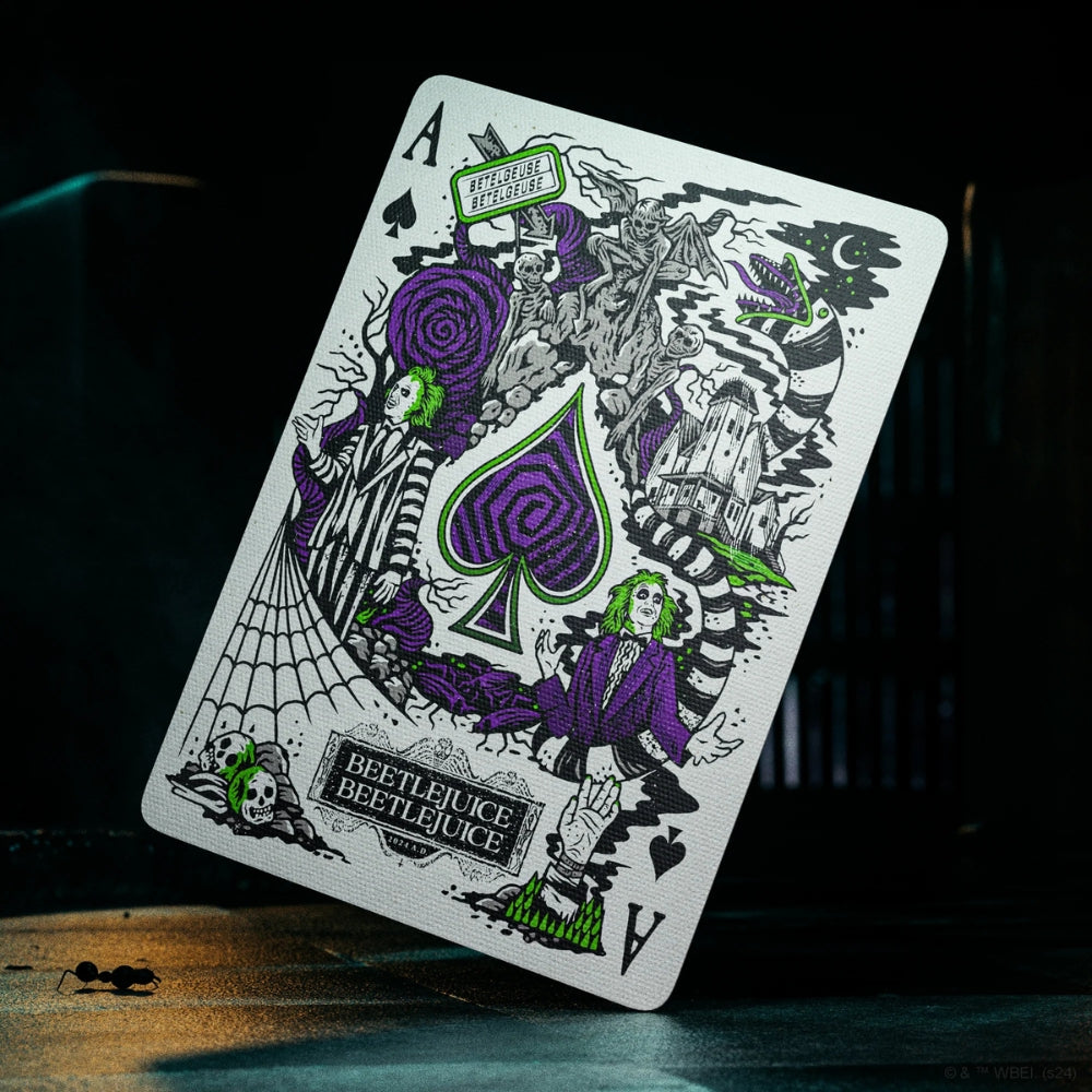 Highly detailed ace of spades card from a deck of Beetlejuice playing cards