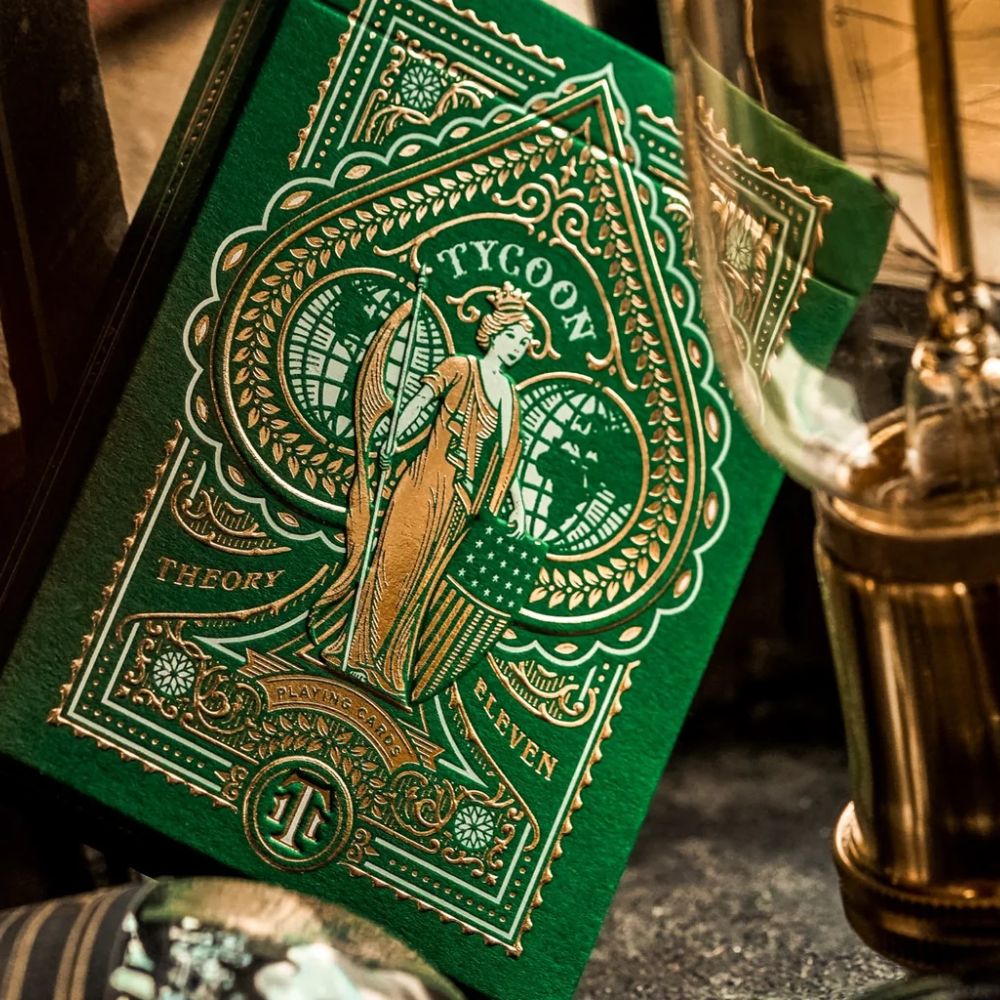 Green Tycoon playing cards - close up of deck box