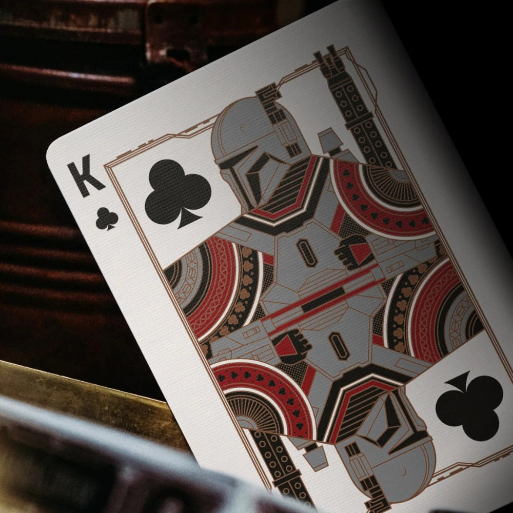Close up of the king of clubs playing card from a set of mandalorian playing cards